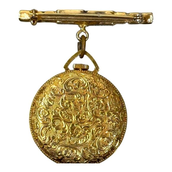 Vintage Lucerne Brooch Watch Swiss Made Gold Tone Etched Face Rhinestones Blue - Picture 3 of 6